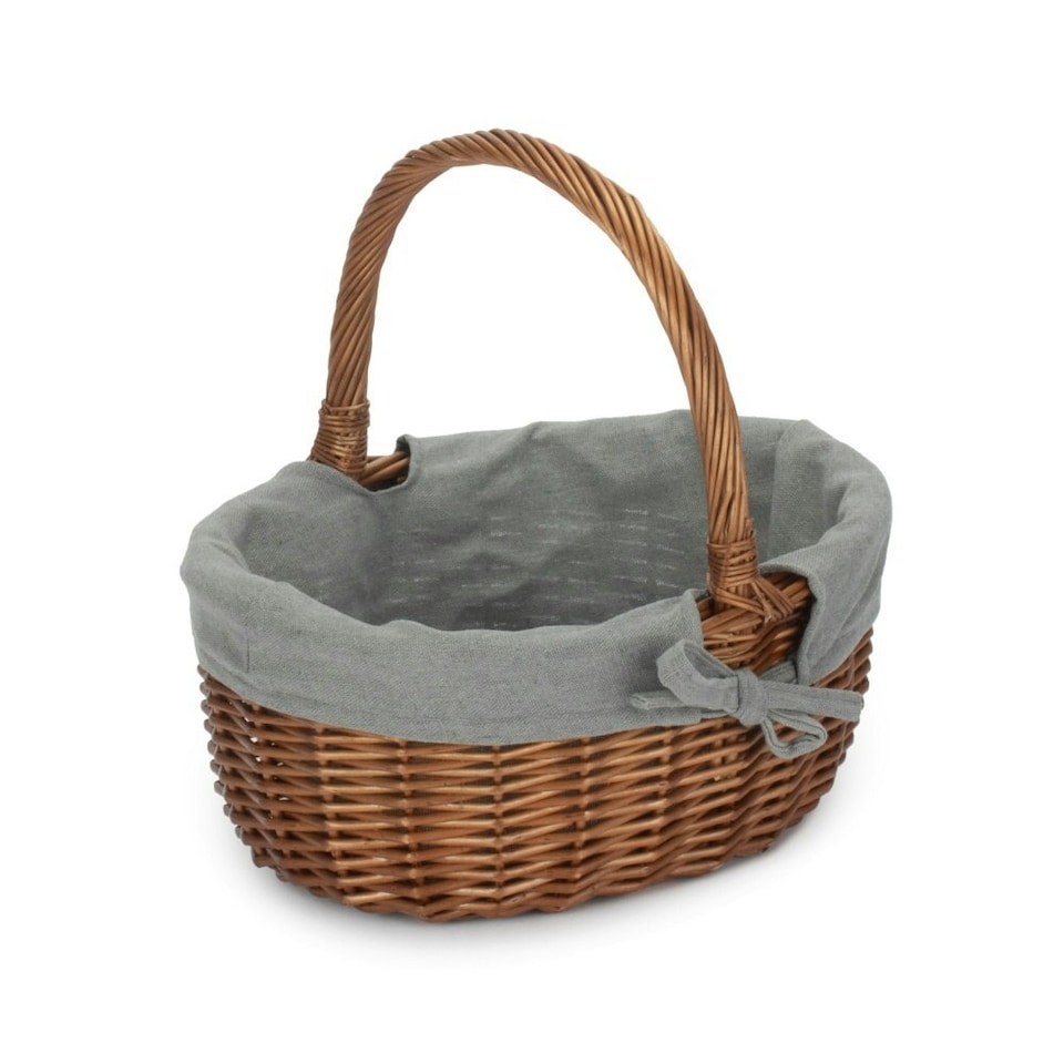 image 1 of Double Steamed Oval Wicker Shopping Basket Blue Checked Lining | Black | Black