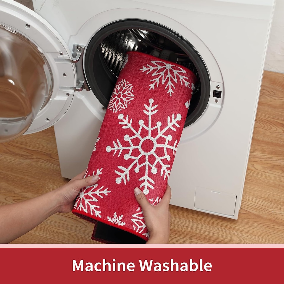 image 1 of London Boutique Christmas Doormat with Snowflake Design, Non-Slip Washable Entrance Mat, Red, 40 x 60 cm
