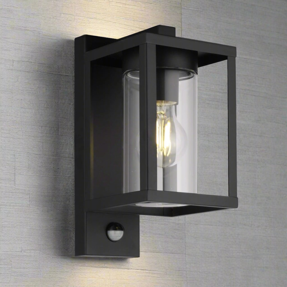 image 1 of CGC ABEL Matt Black Box Lantern Wall Light with PIR Motion Sensor