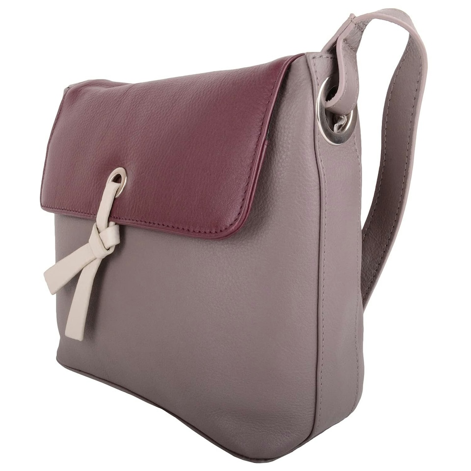 image 1 of Womens Premium Soft Genuine Leather Two Tone Cross Body Shoulder Bag - Black / Foil Grey | Taupe/Burgundy