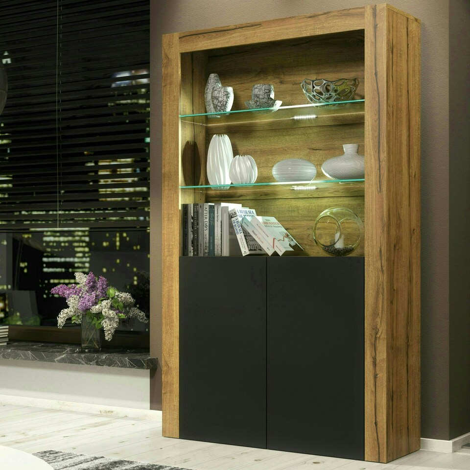 image 1 of Oak Display Cabinet 100cm Matt Finish Free LED Modern Tall Storage Unit Multi | Oak & Black