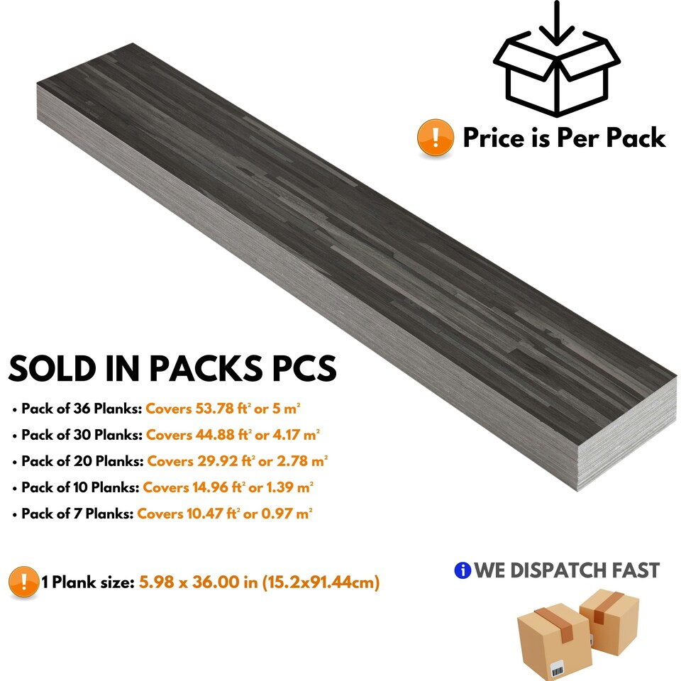 image 1 of NOVECRAFTO Self Adhesive Floor Planks | 36x5.98in (91.4x15.2cm) Each | Peel & Stick Vinyl Flooring | Dark Shadowline Flow Wood Effect | Waterproof DIY Tiles Black | 0.97 sqm
