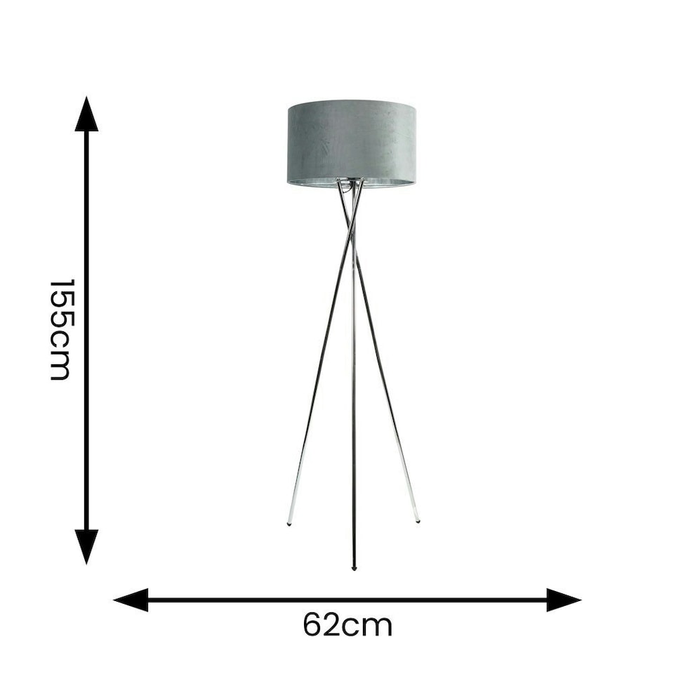 image 1 of ValueLights Camden Chrome Tripod Floor Lamp and Grey Velvet Shade Grey