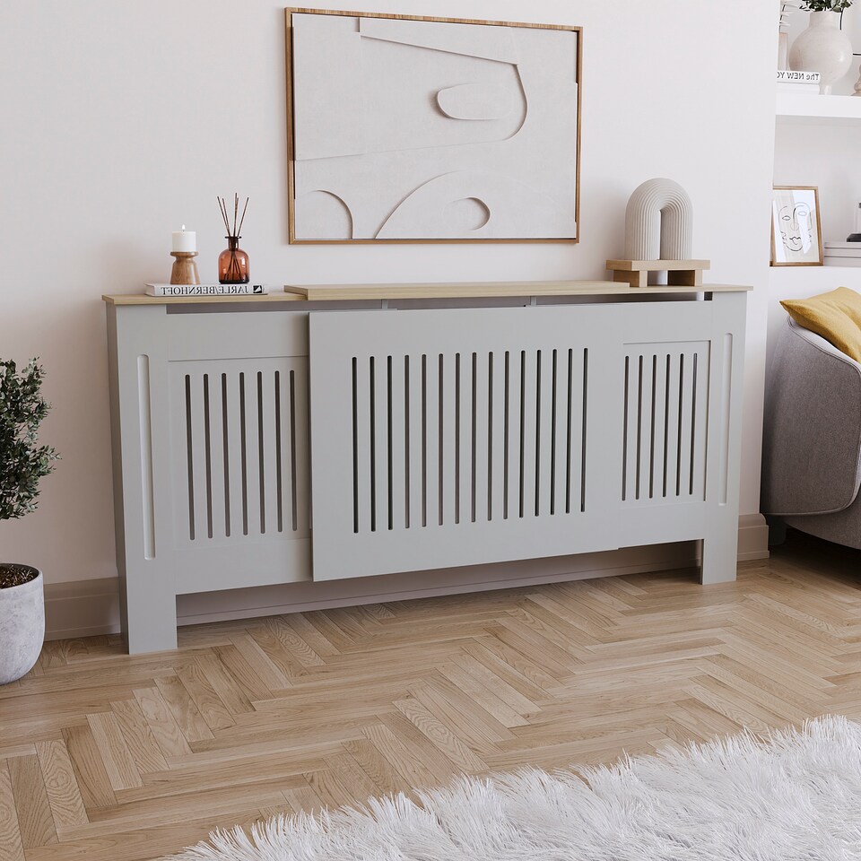 image 1 of Vida Designs Arlington Radiator Cover Painted MDF Slatted Cabinet, Grey, 140-204cm