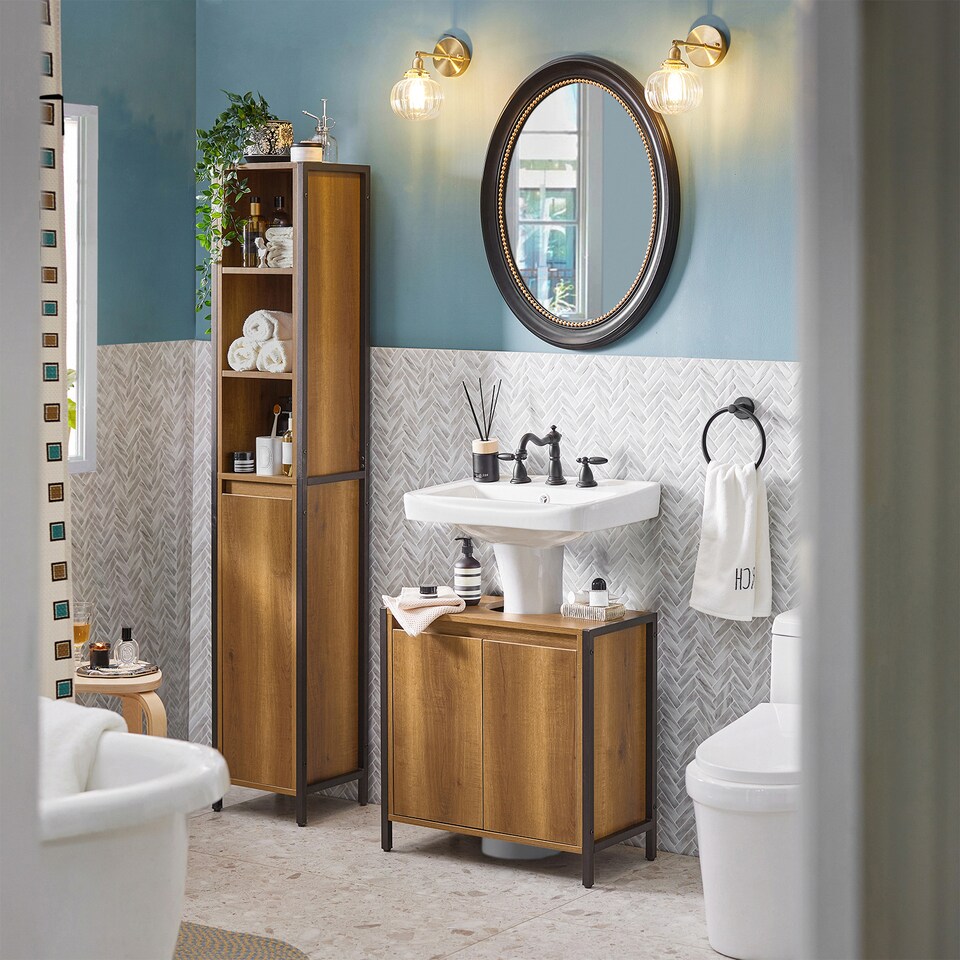 image 1 of SoBuy Slim Under Sink Bathroom Cabinet with 2 Doors & Shelf, Light Brown, 23.6x11.8x23.6 inches, 13.85 kg - BZR63-II-PF