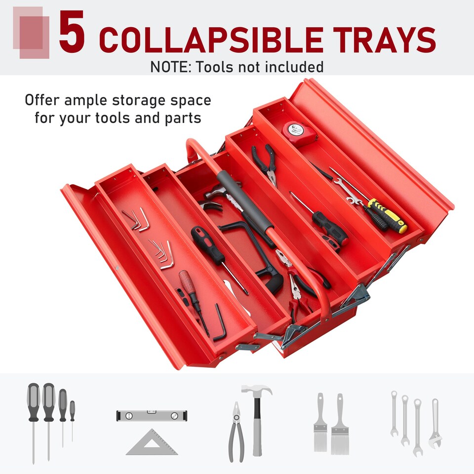 image 1 of DURHAND 3 Tier Metal Toolbox with 5 Tray Carry Handle 56cmx20cmx34cm Red | Red | 56cm x 20cm x 41cm | 1