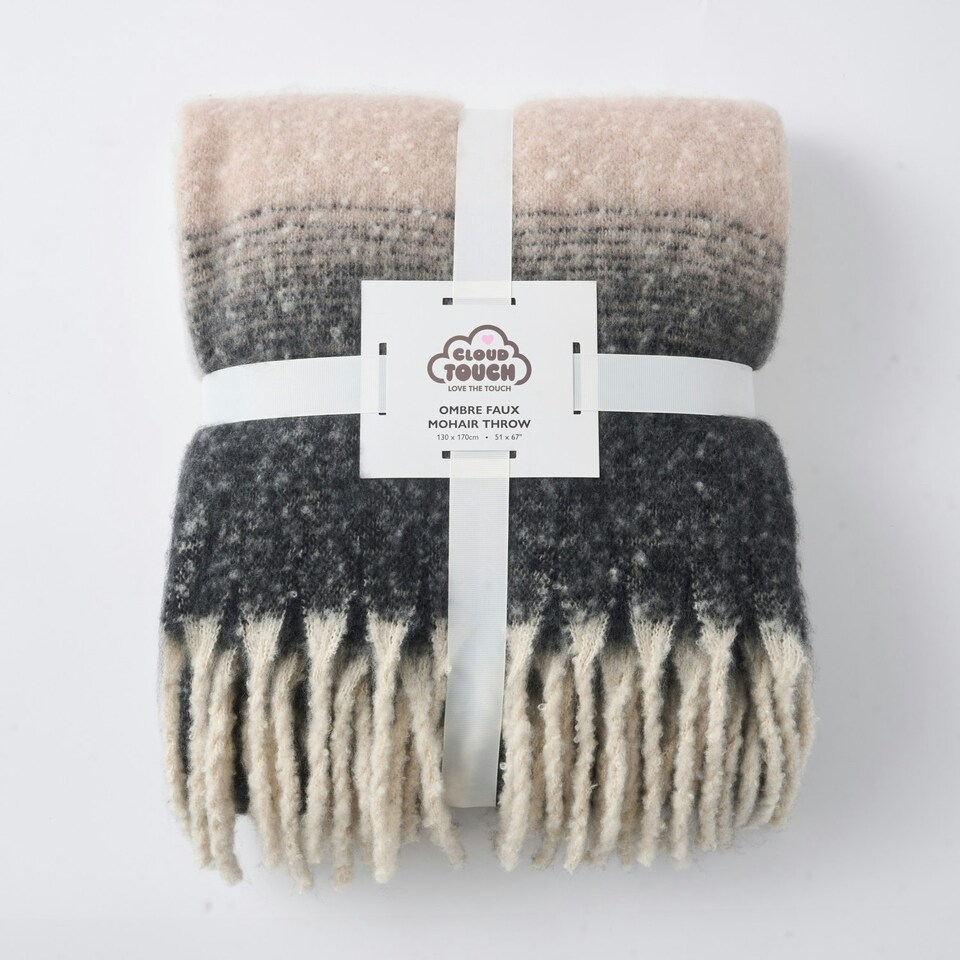 image 1 of Ombre Faux Mohair Throw - Soft, Stylish, Fringed Blanket Grey