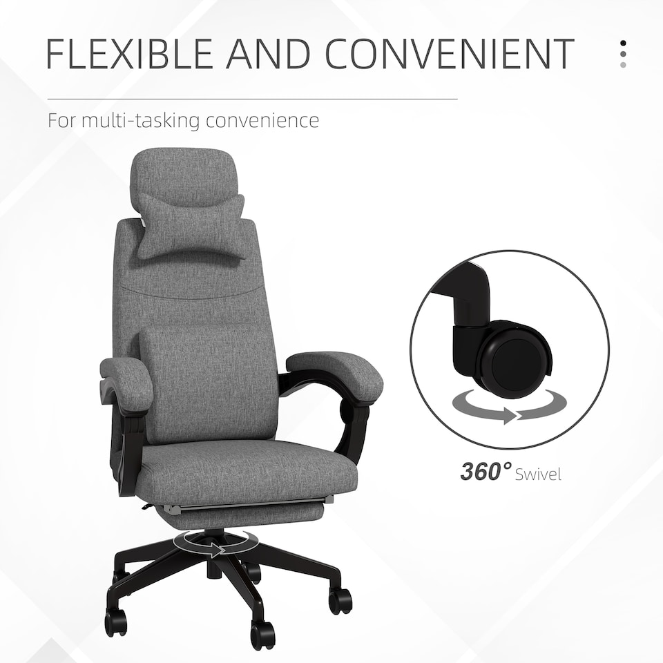 image 1 of Vinsetto Office Chair, Ergonomic Desk Chair, High Back Fabric Work Chair with 160 Reclining Backrest, Retractable Footrest, Neck and Lumbar Pillow for Home and Study, Dark Grey
