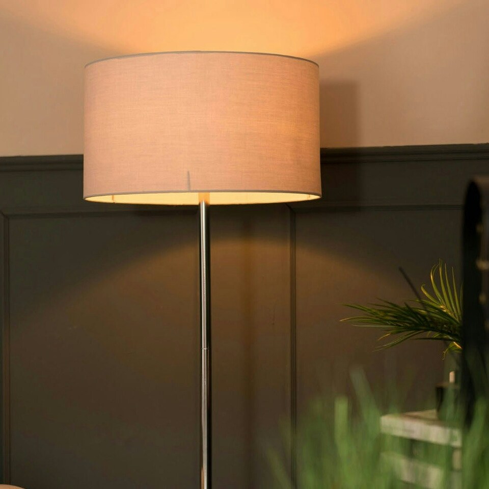 image 1 of ValueLights Modern Floor Lamp In Polished Chrome With Grey Drum Shade