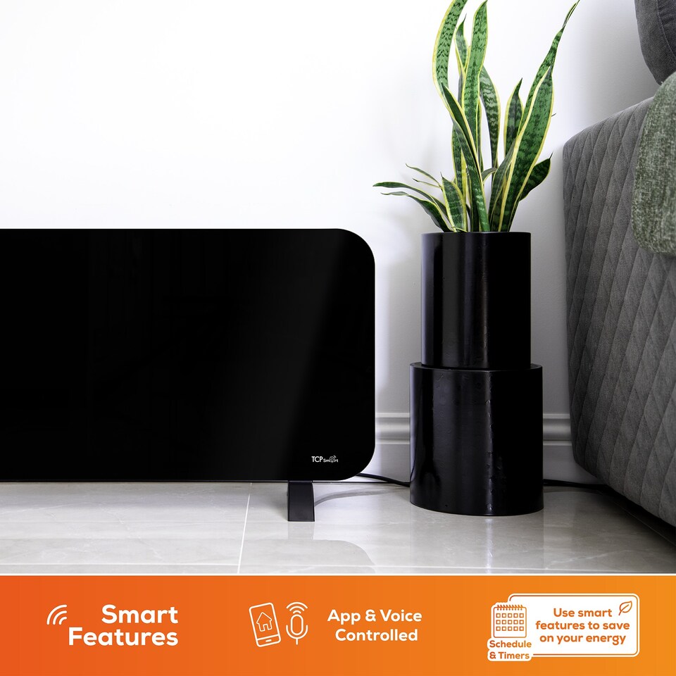 image 1 of TCP Smart WiFi Glass Panel Heater 2000W, Alexa Compatible, Open Window Detector, Wall Mounted & Freestanding Black Heater
