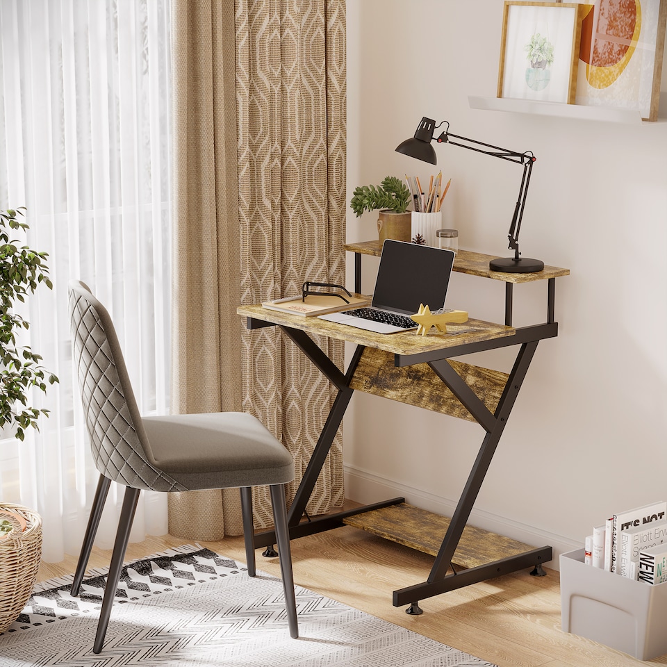 image 1 of HOMCOM Industrial Computer Desk with Monitor Stand, 70 x 60cm Compact Desk for Small Spaces, Home Office Desk, Rustic Brown