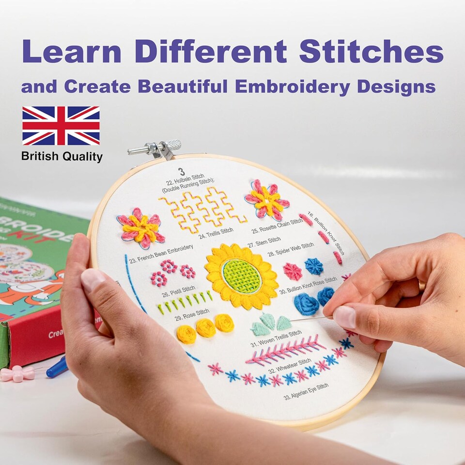 image 1 of Beginner Embroidery Kit (4 Pack) for Adults, Learn 33 Stitches with Easy DIY Video Tutorials, Coloured Design Patterns (AZA100)
