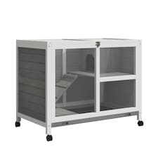 PawHut Rabbit Hutch, Bunny Cage 2 Layers with Wheels & Open Roof, Grey