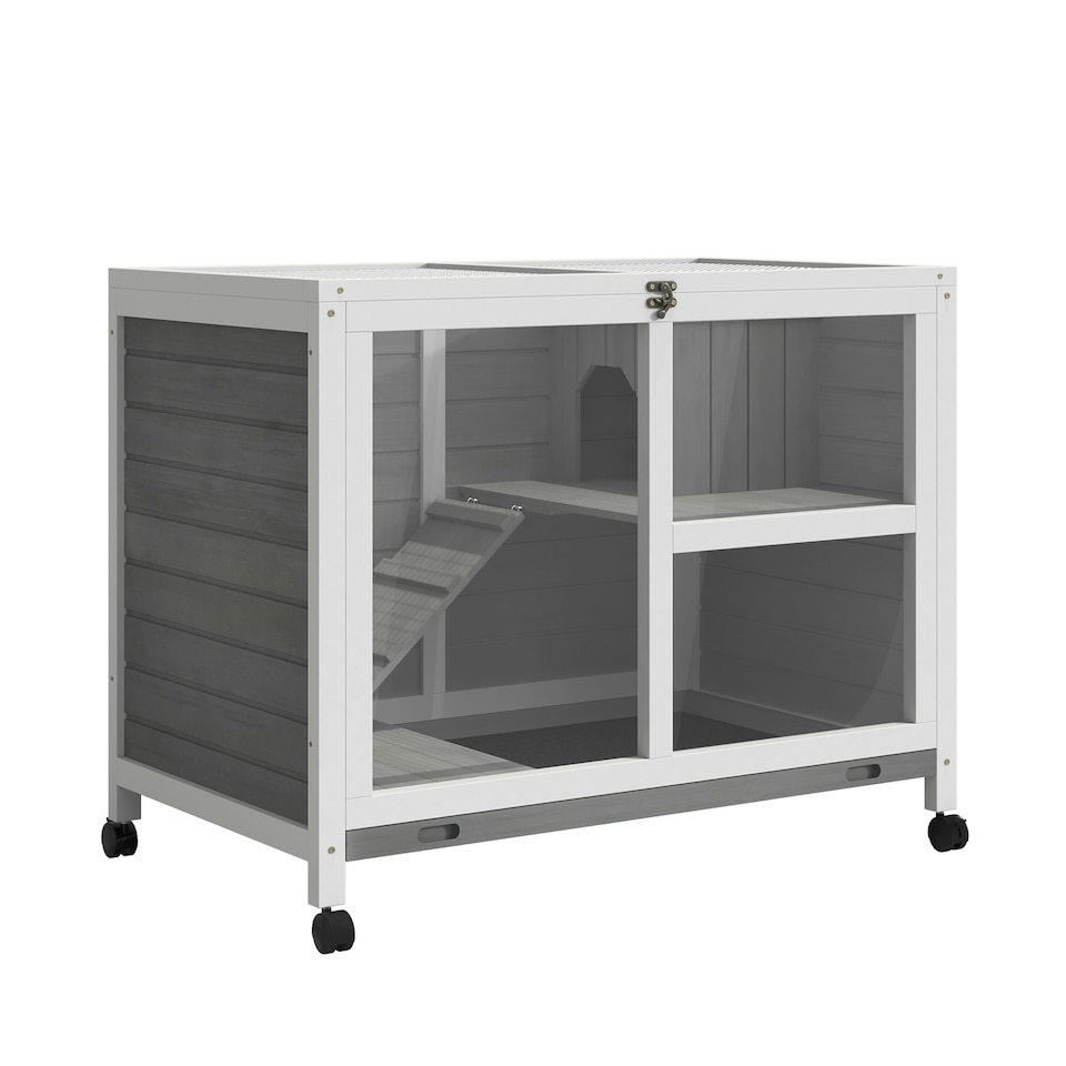 image 1 of PawHut Rabbit Hutch, Bunny Cage 2 Layers with Wheels & Open Roof, Grey