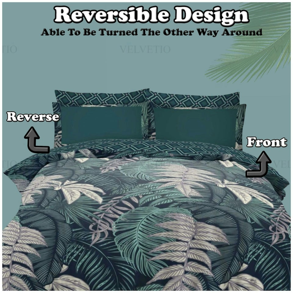 image 1 of VELVETIO Palms Complete Duvet Cover Set with Fitted Sheet Breathable Bedding Quilt Green | Double