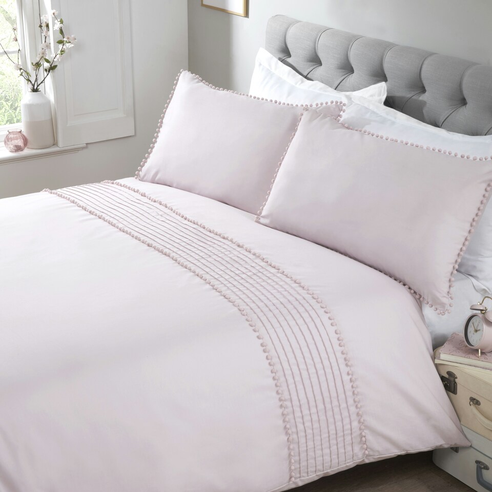 image 1 of Pom Poms Polycotton Duvet Cover Set with Pillowcase | Pink | King | 1