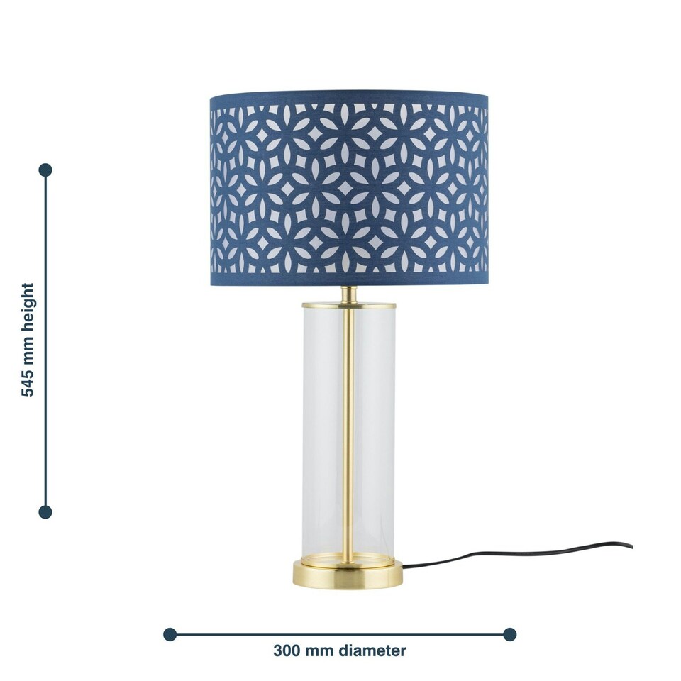 image 1 of Set of 2 Aura - Satin Brass Lamps with Navy Blue Cut Out Shades Bronze | Blue