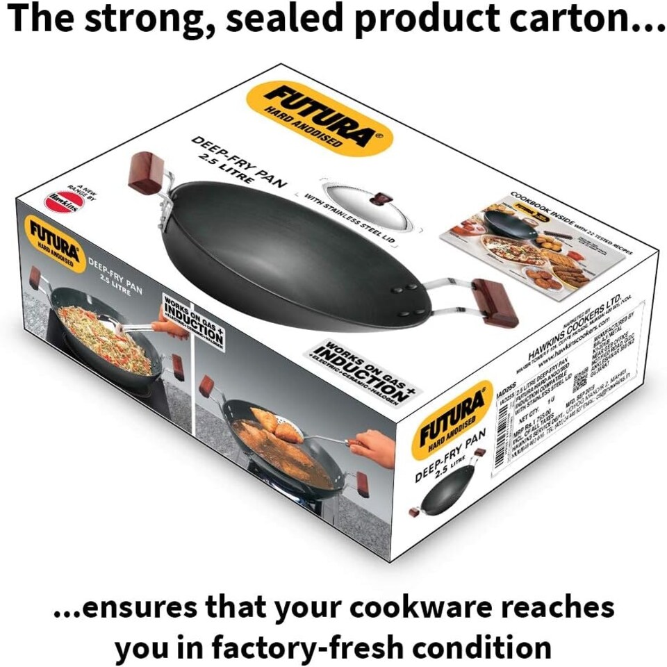 image 1 of Futura Induction Compatible Hard Anodised Flat Bottom Deep Fry Pan with Steel Lid, 2.5 Litre