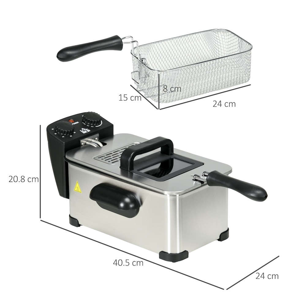 image 1 of HOMCOM 3 Litre Deep Fat Fryer Stainless Steel with Adjustable Temperature, 60min Timer, Removable Oil Basket, Viewing Window and Safety Cut Out, 2000W