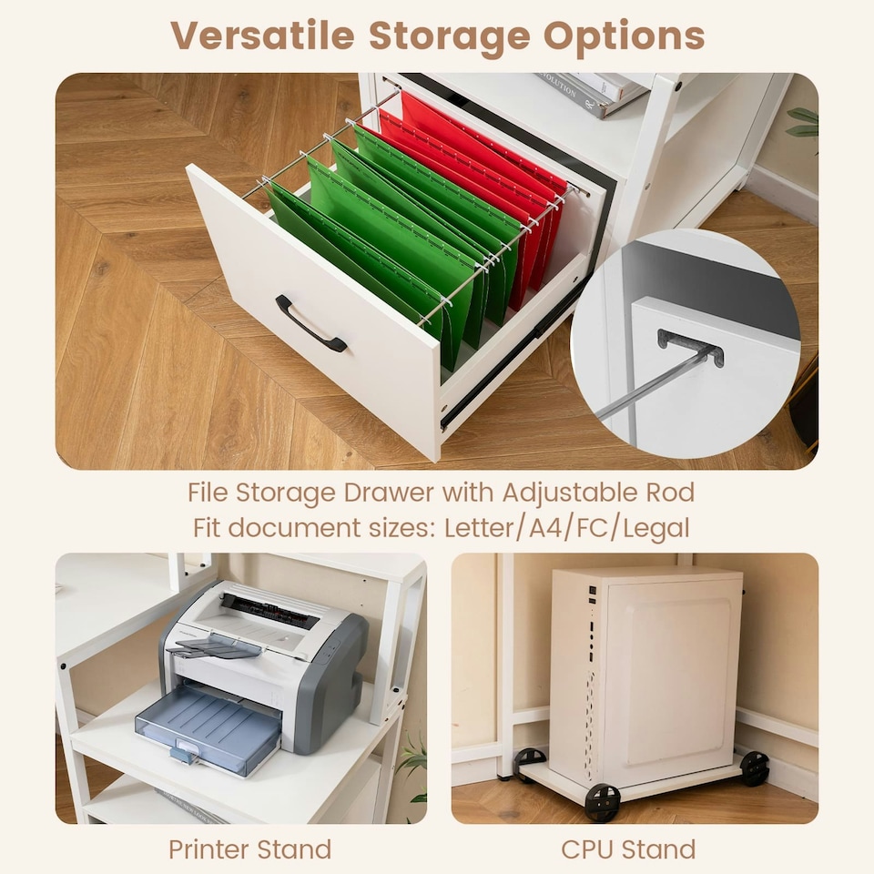 image 1 of COSTWAY L-shaped Desk Home Office Desk with File Drawer White