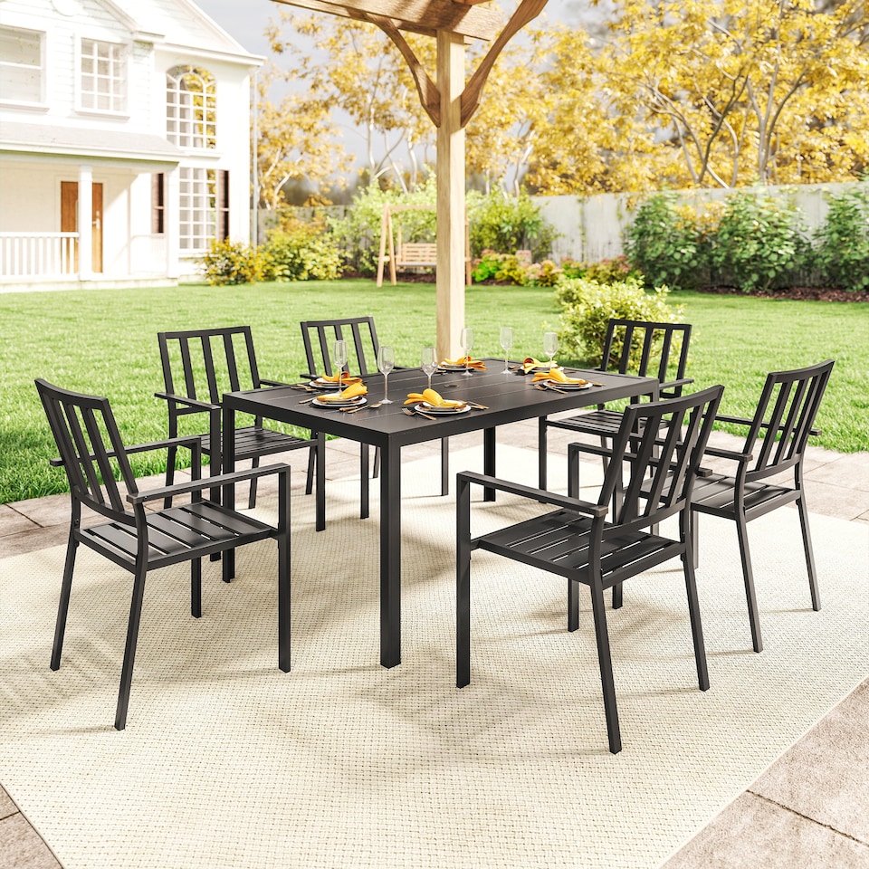 image 1 of Outsunny 7 PCs Garden Dining Set w/ Stackable Chairs and Metal Top Table, Black | Black