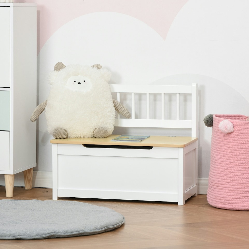 image 1 of HOMCOM 2 In 1 Wooden Toy Box, Seat Bench Storage Chest w Pneumatic Rod | Pink