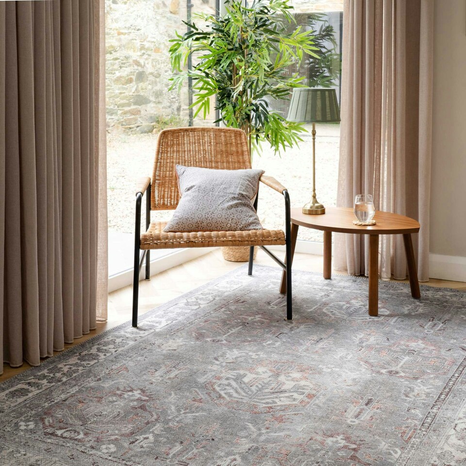 image 1 of KUKOON Greige Distressed Floral Medallion Non Slip Washable Low Pile Rug 240cm x 330cm | Grey