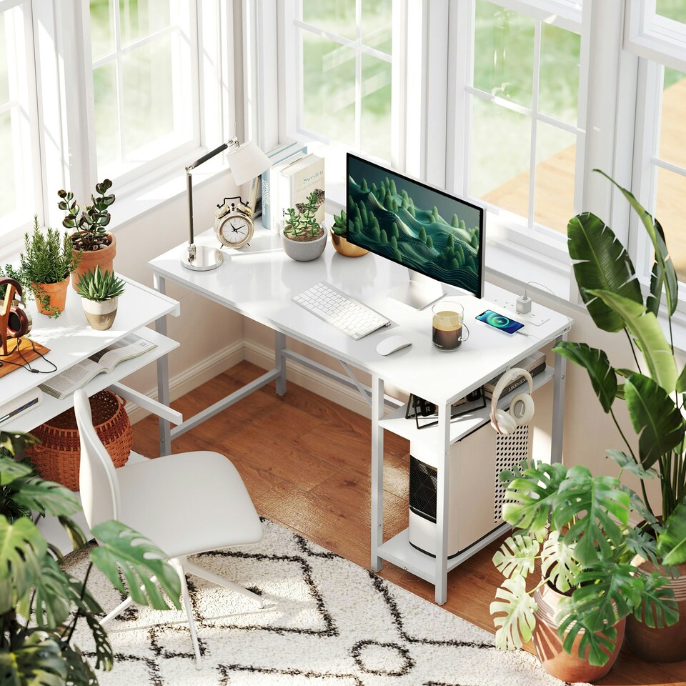 image 1 of HOMCOM 120 x 60 cm Home Office Desk Reversible Study Table for Bedroom White White