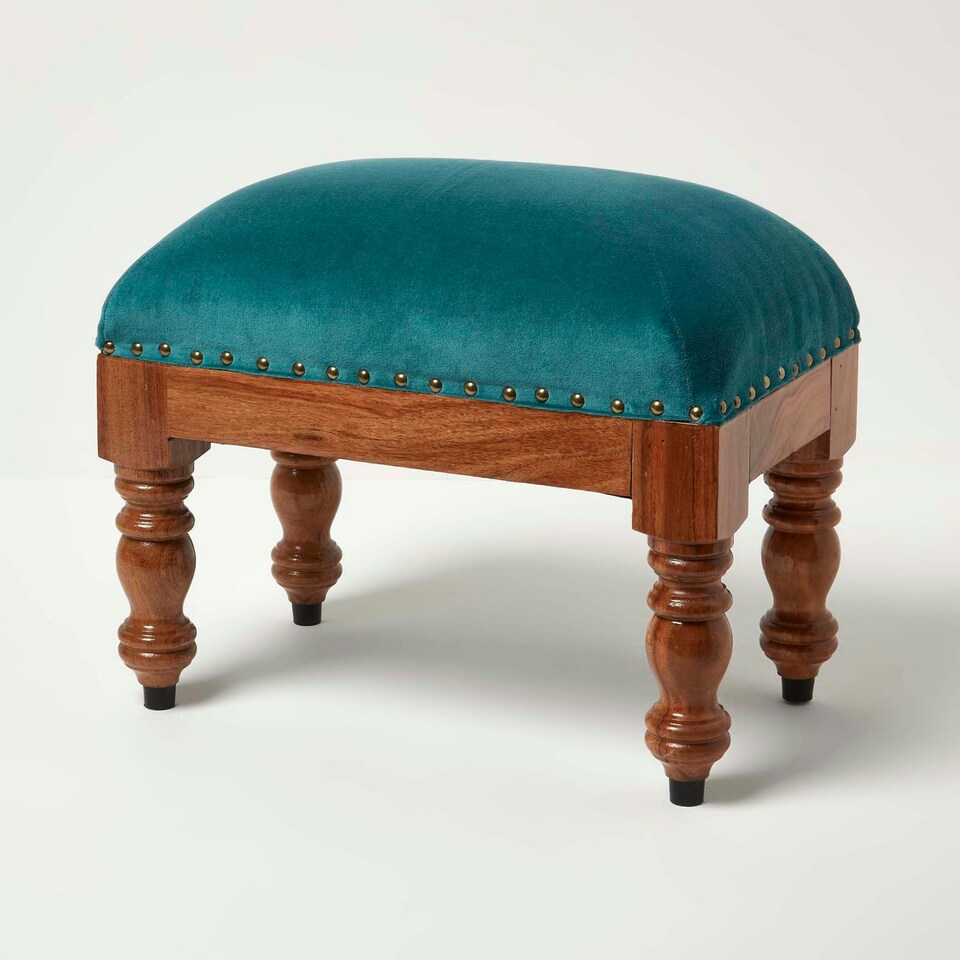 image 1 of Homescapes Mable Teal Green Velvet Rectangular Footstool