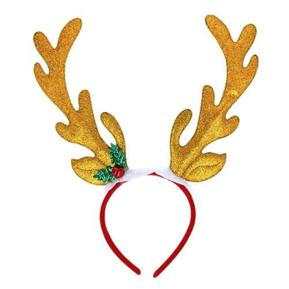 Gold Reindeer Antlers Glitter Headband with Holly