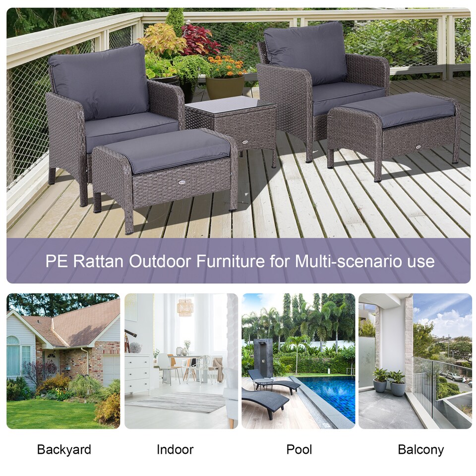 image 1 of Outsunny 5 Pieces PE Rattan Garden Furniture Set with 10cm Thick Padded Cushions, Wicker Weave Outdoor Seating Chairs with 2 Armchairs, 2 Stools, Glass Top Table, Grey