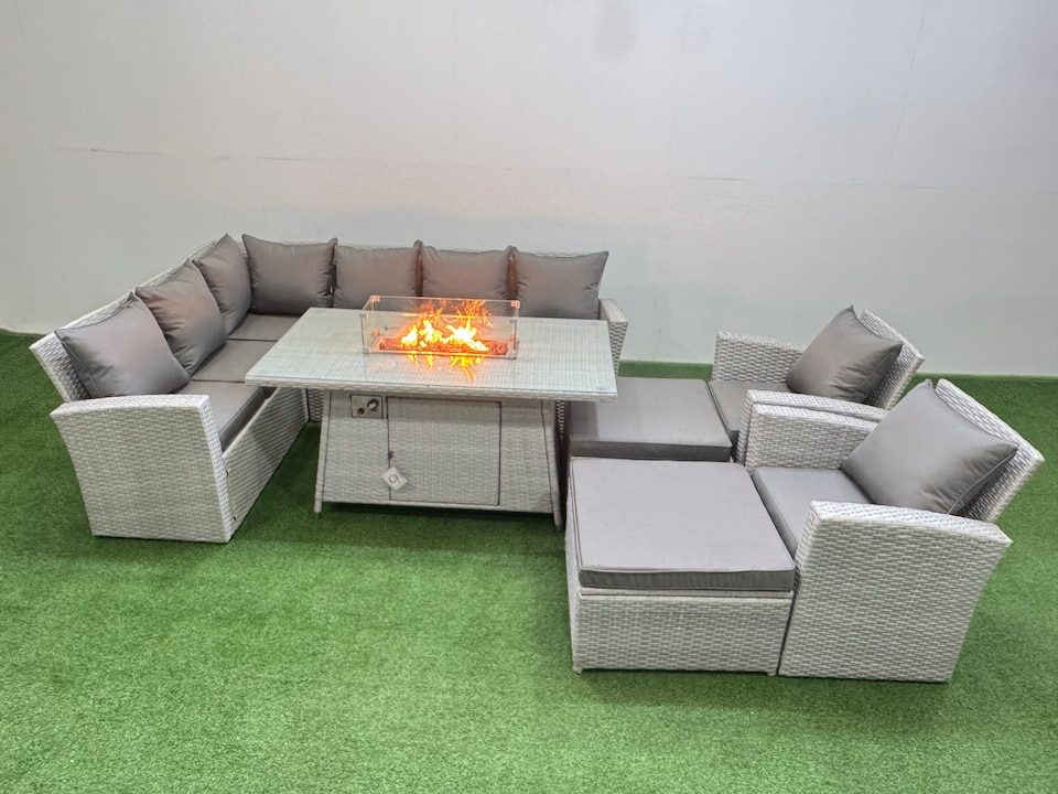image 1 of Fimous Outdoor Furniture Garden Dining Set Rattan Corner Sofa Chair Sets Gas Fire Pit Table with Temper Glass Footstools 10 Seater Light Grey Mixed