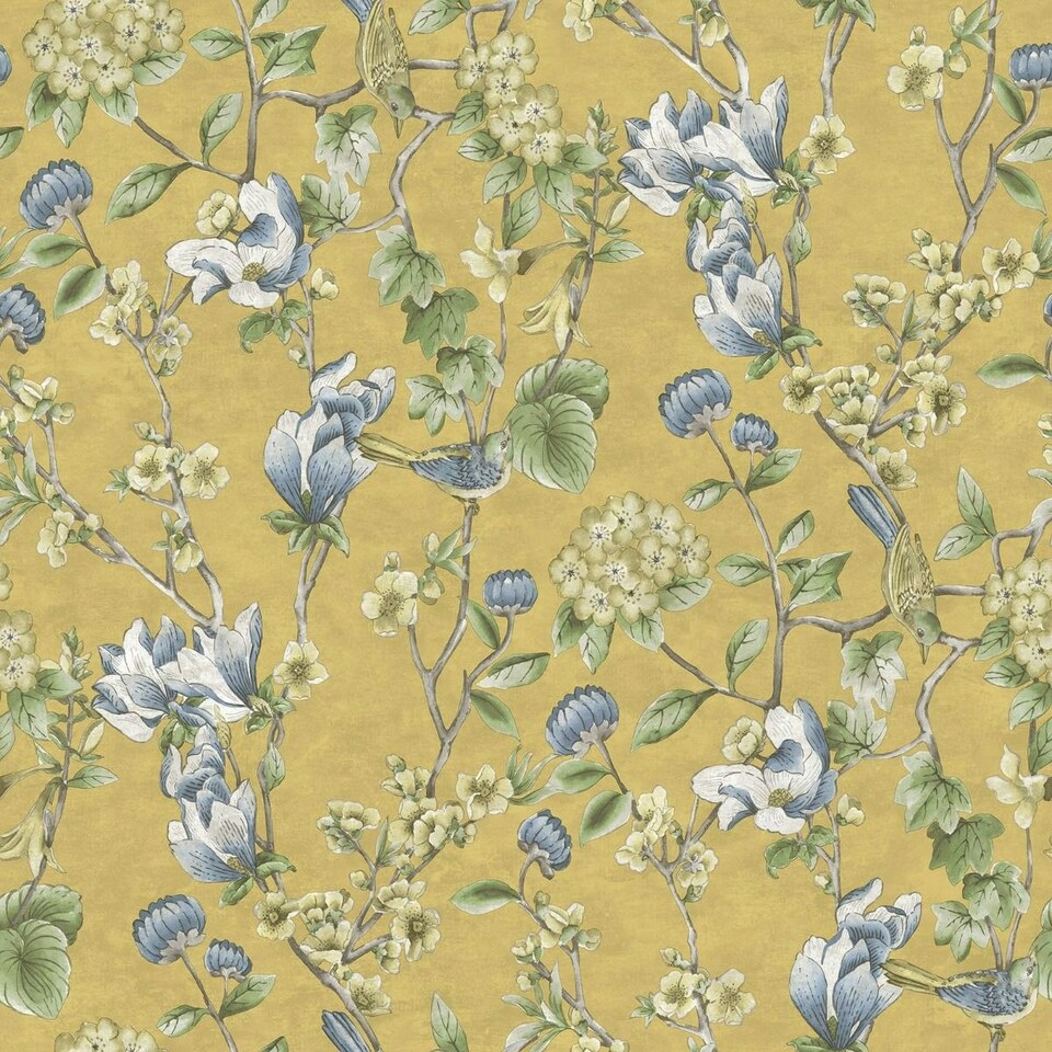 image 1 of Holden Décor Rural Paradise Floral Bird Trail Wallpaper - Ochre - 10m x 0.5m Yellow