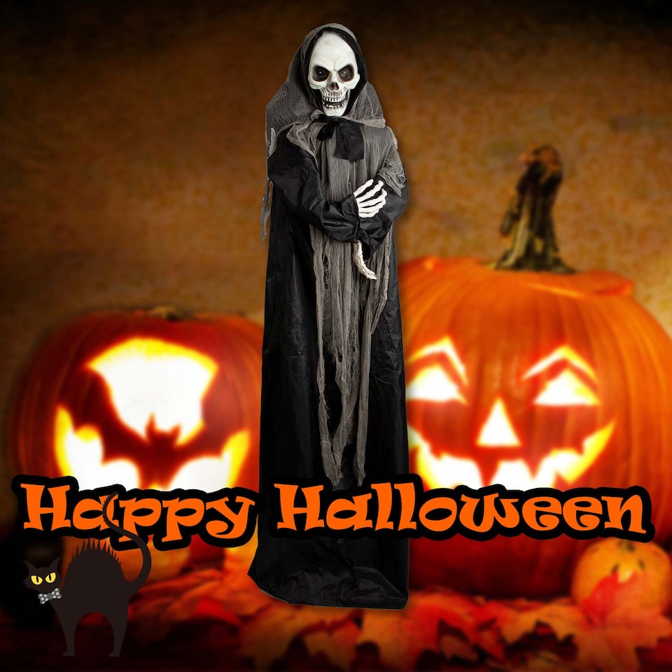 image 1 of PMS 72-inch Animated Skeleton Ghost Decoration - Black Halloween Prop