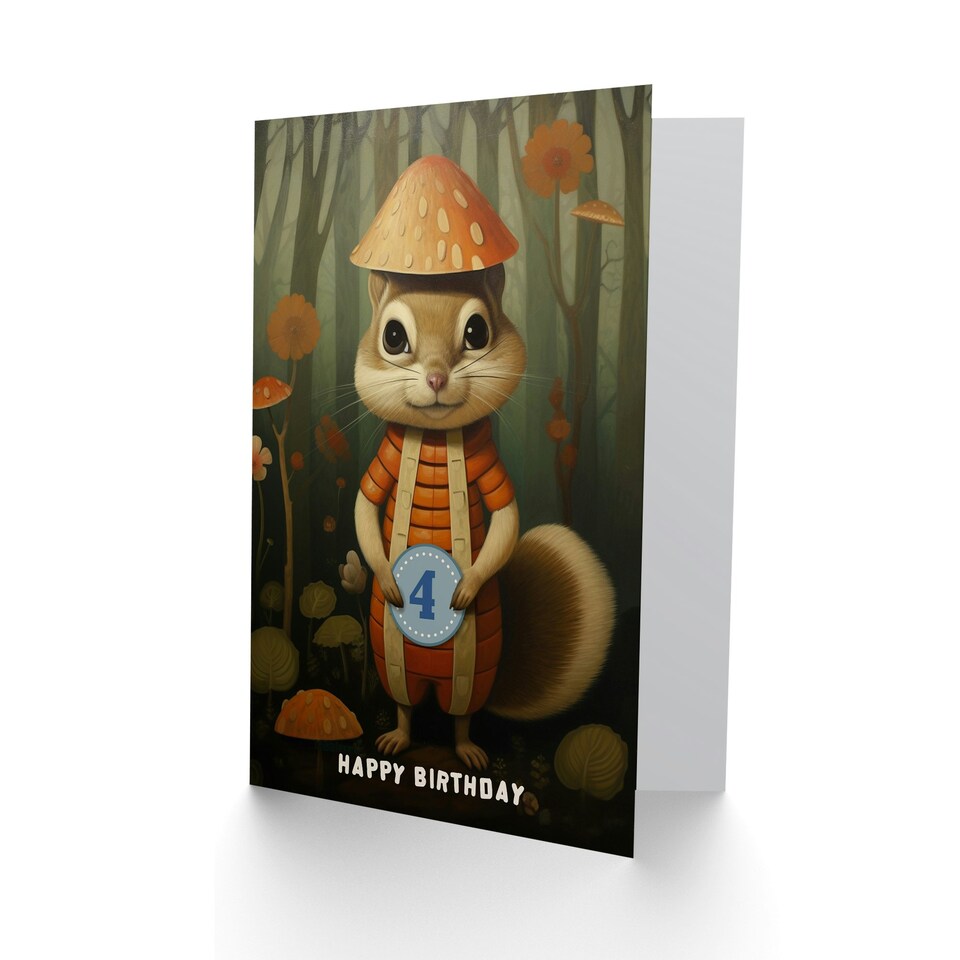 image 1 of Mushroom Woodland Age 4 Year Old Squirrel Child Kids 4th Birthday Card