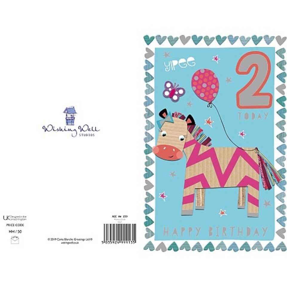 image 1 of 2nd Birthday Card for Girl with Cute Zibra & Foil Two Year Old Age 2 Card