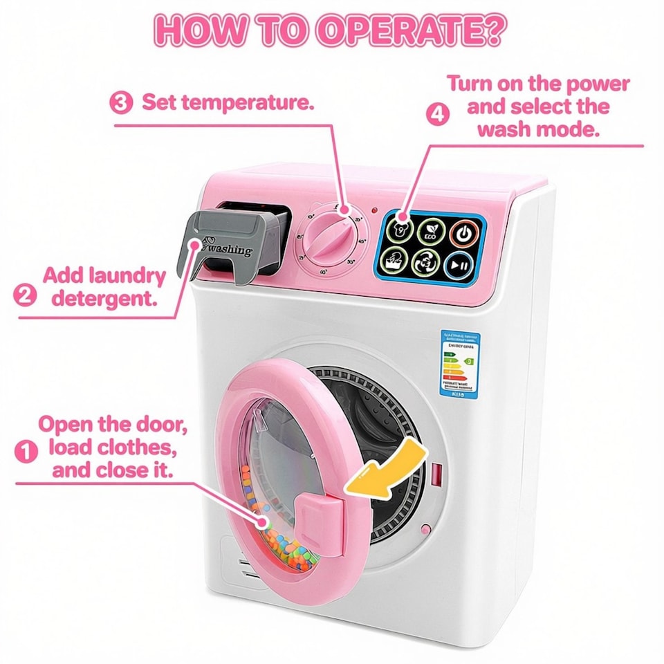 image 1 of Kids Washing Machine Toy with Lights, Sounds & Spinning Drum – Pretend Play Laundry Set with Detergent Bottle, Basket & Accessories, Educational Gift Ages 3+ (pink)