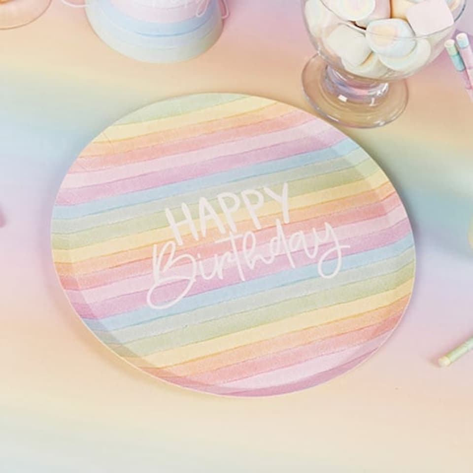 image 1 of Pastel Rainbow Stripes Happy Birthday Eco Round Paper Plates 23cm - Pack of 8 Multi