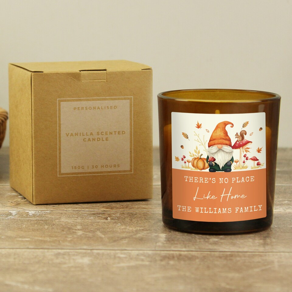 image 1 of Personalised Autumn Gonk Amber Glass Candle Brown
