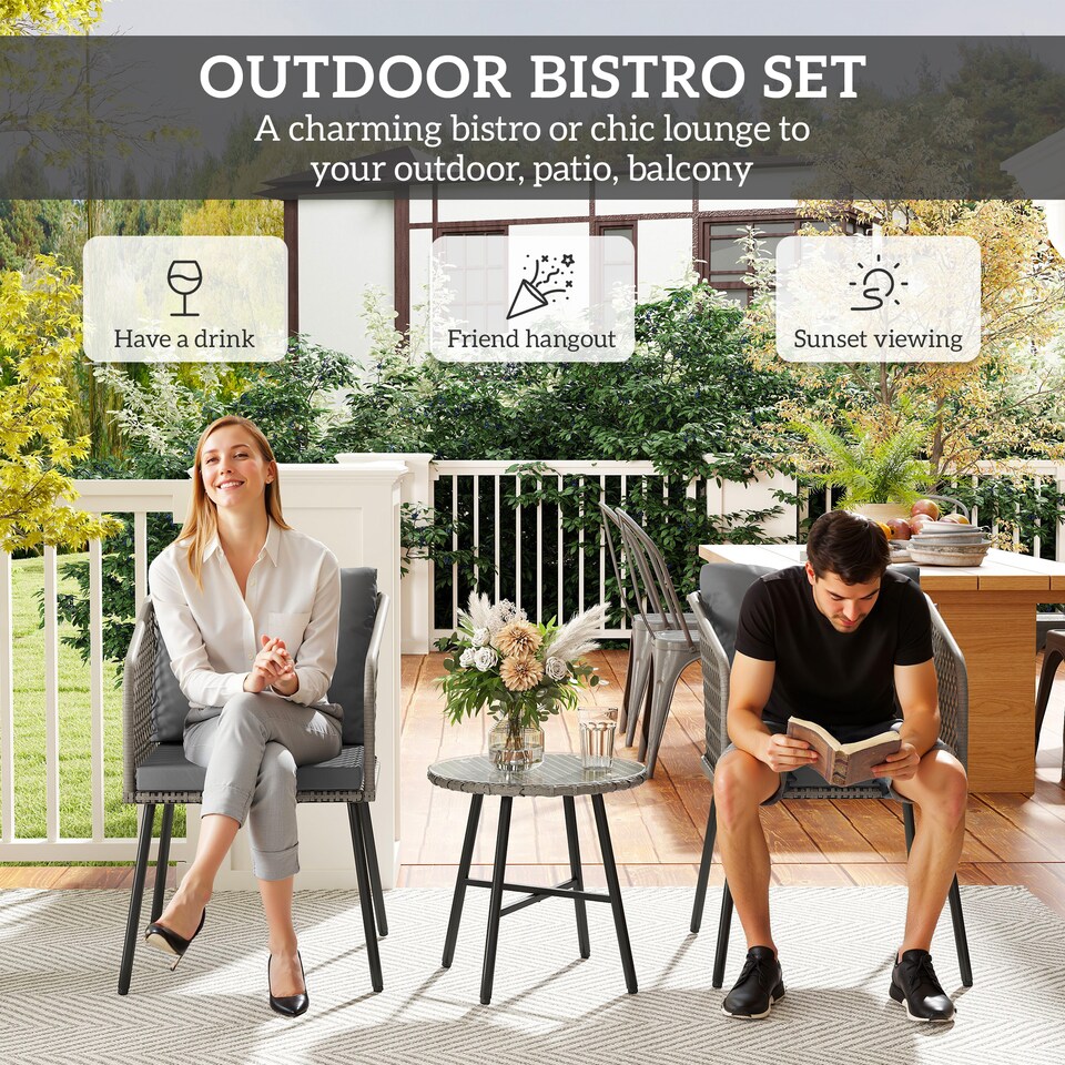 image 1 of Outsunny 3 Piece Rattan Bistro Set, Patio Wicker Conversation Furniture Set with 2 Chairs, Tempered Glass Table, Cushions, Adjustable Foot Pads, for Garden, Balcony, Grey