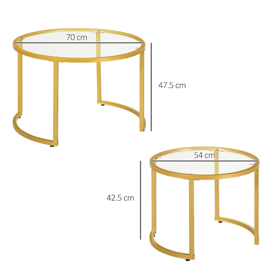 image 1 of HOMCOM Coffee Table Set of 2, Modern Nest of Tables with Tempered Glass Top, Steel Frame for Living Room, Gold Tone | Gold