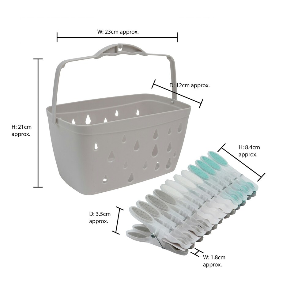 image 1 of JVL Plastic Peg Basket, Grey with 48 Soft Grip Plastic Pegs, Aqua