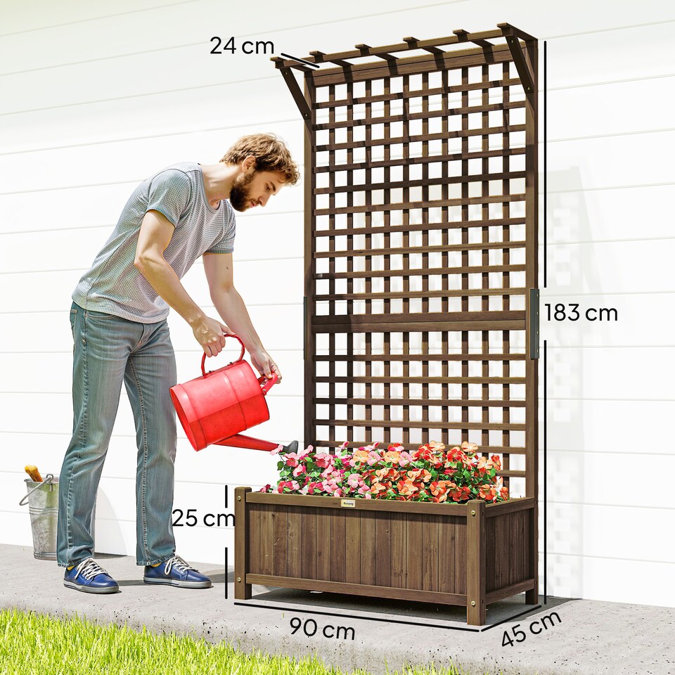 image 1 of Outsunny Wood Planter with Trellis for Climbing Plants Vines Planter Box Brown