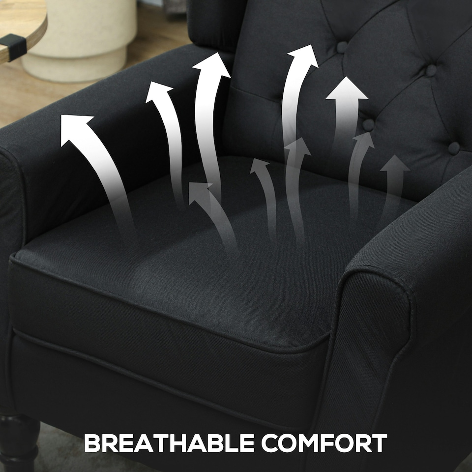 image 1 of HOMCOM Accent Chair Wingback Armchair Retro Tufted Club Wood Fabric, Black Black