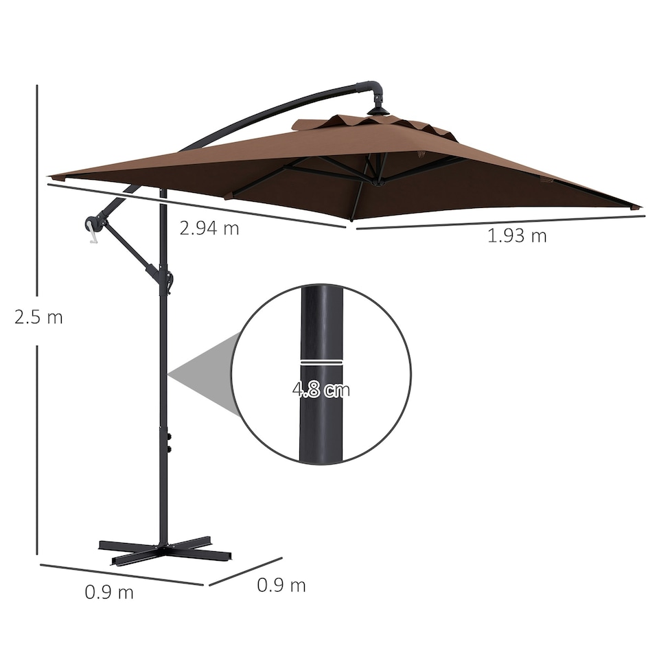 image 1 of Outsunny 3 m Cantilever Parasol with Cross Base, Crank Handle, 6 Ribs, Brown