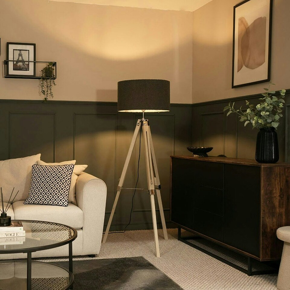 image 1 of ValueLights Clipper Painted Natural Floor Lamp with Large Charcoal Drum Shade and LED Bulb