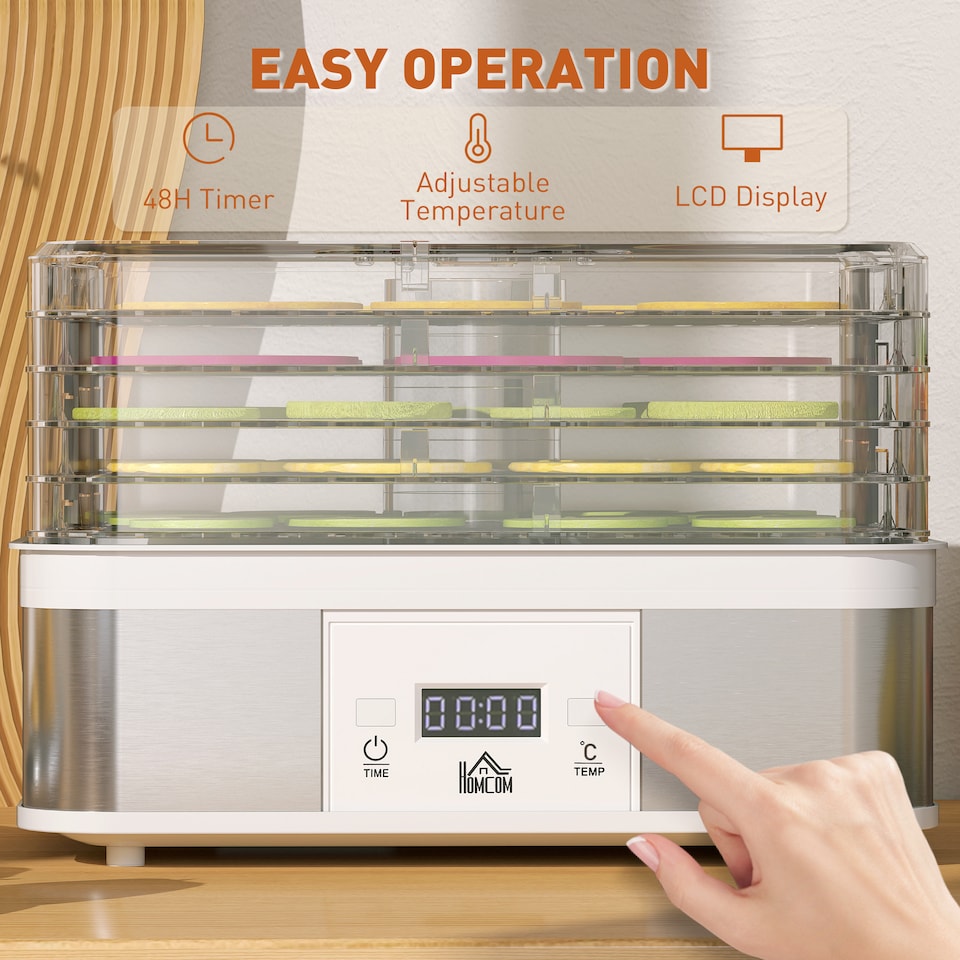 image 1 of HOMCOM 5 Tier Food Dehydrator, 245W Stainless Steel Food Dryer Machine with Adjustable Temperature, Timer and LCD Display for Drying Fruit, Meat, Vegetable, Jerky and Pet Treat, White
