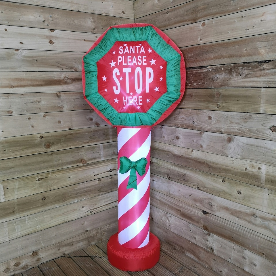 image 1 of 6ft (1.8m) Indoor Outdoor Inflatable LED Lit Santa Stop Here Christmas Sign