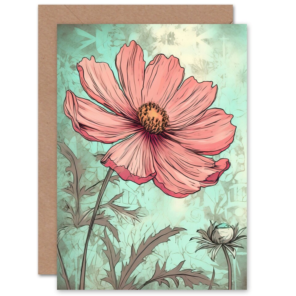 image 1 of Cosmos Flower Soft Pink Teal Watercolour Mum Card