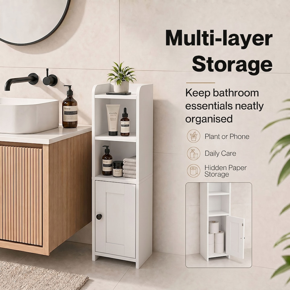 image 1 of Levede Bathroom Cabinet Slim Corner Storage Adjustable Shelves PB MDF White